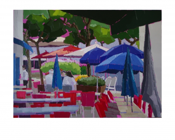 LA TERRASSE AUX CHAISES ROUGES 100×73 vendu